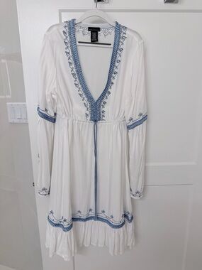 Moda International White Dress with Blue Embroidered Trim